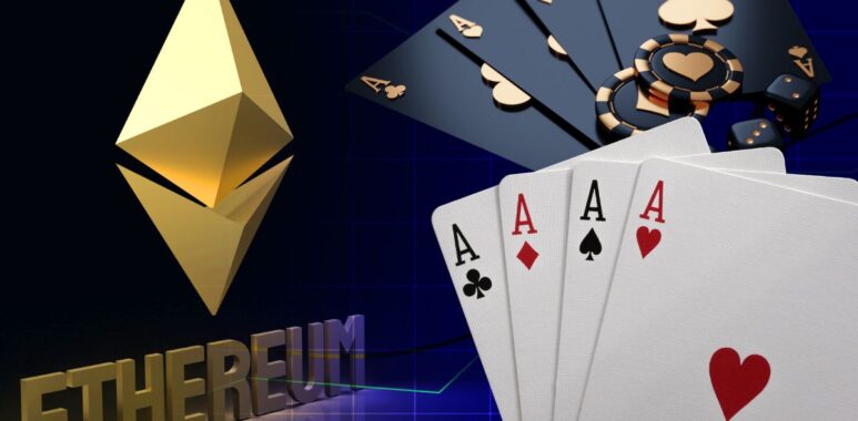 Symbole d'Ethereum avec des cartes de poker et des jetons