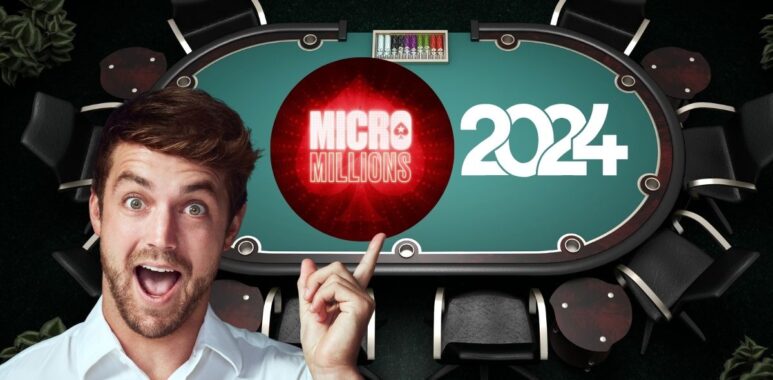 Un homme enthousiaste pointant vers une table de poker avec le logo MicroMillions 2024.