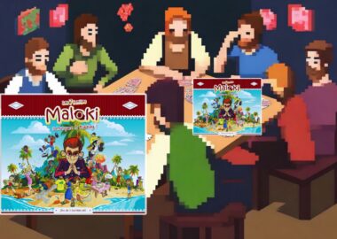 Des personnes jouant à un jeu de cartes avec la boîte du jeu 7 familles Maloki en avant-plan.