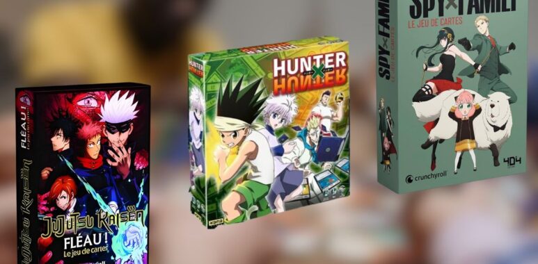 Boîtes des jeux de cartes inspirés de Jujutsu Kaisen, Hunter x Hunter et Spy x Family.