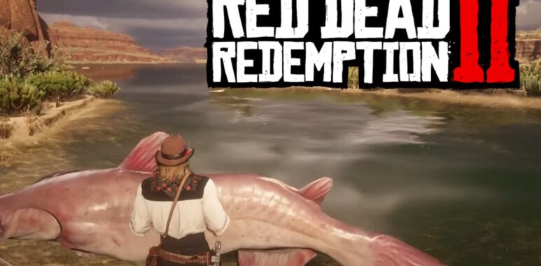 Personnage de Red Dead Redemption 2 avec un énorme poisson-chat près d'une rivière.