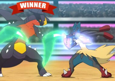 Garchomp battant Méga-Lucario dans un combat Pokémon.