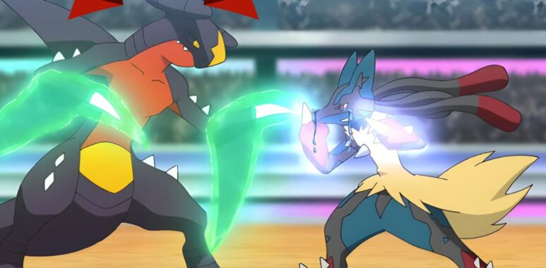 Garchomp battant Méga-Lucario dans un combat Pokémon.