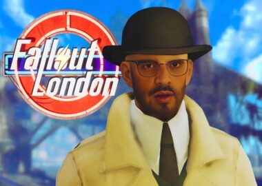 Personnage Bromley Pindar avec le logo Fallout London en arrière-plan.