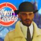 Personnage Bromley Pindar avec le logo Fallout London en arrière-plan.