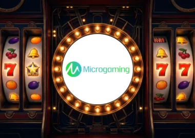 Logo Microgaming au centre d’un cadre lumineux de machine à sous avec rouleaux